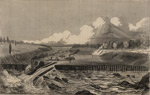Illustration of the dam built on the Red River by Colonel Joseph Bailey at Alexandria. Bailey's Dam was built over a ten-day period utilizing 10,000 troops. The dam successfully allowed the retreat of Rear Admiral David Dixon Porter's fleet of ten Federal gunboats. Bailey was voted the "Thanks of Congress" (one of only fifteen Army officers during the Civil War) by the United States Congress for his success. 