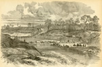 Illustration of Major General Nathaniel Banks's Army of the Gulf under Major General William Franklin, crossing the Cane River by bridges and pontoons, on March 31, 1864, on its advance on Shreveport. The crossing was made about fifty-four miles from Alexandria.
