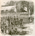 Illustration of Major General William Tecumseh Sherman leading the Army of the Tennessee past the reviewing stand. 