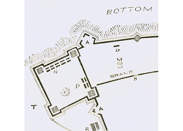 A close up of the western stronghold  shows how blockhouses were positioned to cover all areas and approaches to the palisade.