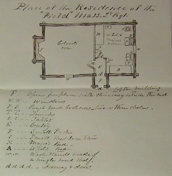 Sketch of the cabin shared by COL Andrews and LTC Dwight during the winter of 1861-62, from the papers of COL Andrews. The description of the building is from a letter written by LTC Dwight.