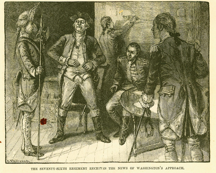 From an 1881 Harper's Weekly article celebrating the centennial of the Battle for Yorktown, this woodcut is an artist's depiction of a
messenger delivering the news of Washington's deception in New York and his arrival at Yorktown.