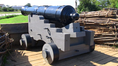 The eighteen pounder garrison cannon were direct fire weapons, capable of firing solid shot directly at enemy fortifications or anti-personnel grape and canister shot at oncoming troops. Such a cannon can fire up to a mile and a half, posing trouble for Washington and his men as they attempted to advance on Yorktown.