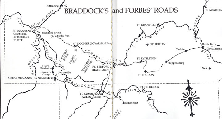 The Forbes expedition to assault the French at Fort Duquesne set out from the Pennsylvania frontier post of Fort Loudon instead of following Braddock's earlier campaign from Fort Cumberland. Along the way, the expedition methodically carved a new path through the frontier and erected new military posts at regular intervals. Among the new British fortifications built during the expedition were Fort Juniata, Fort Bedford, and Fort Ligonier.